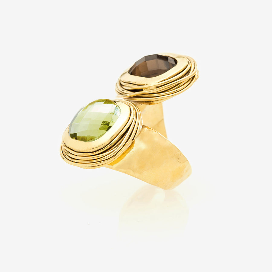 Bague Toi et moi Phèdre en quartz jaune et quartz fumé