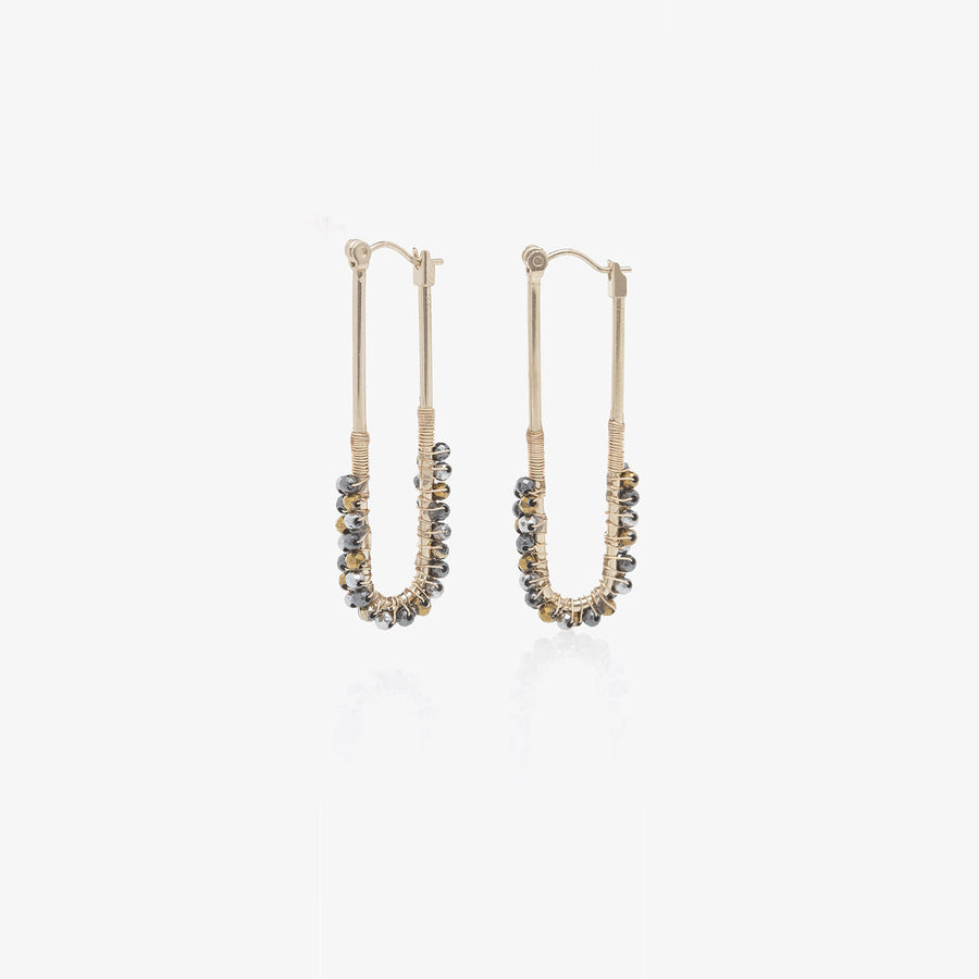 Créoles longues dorées, boucle d’oreilles femme, bijou femme fantaisie de qualité, bijoux plaqué or, bijoux haut de gamme, bijoux créateurs paris, bijoux femme tendance, bijoux en fil enroulé, pierres semi-précieuses, hématites